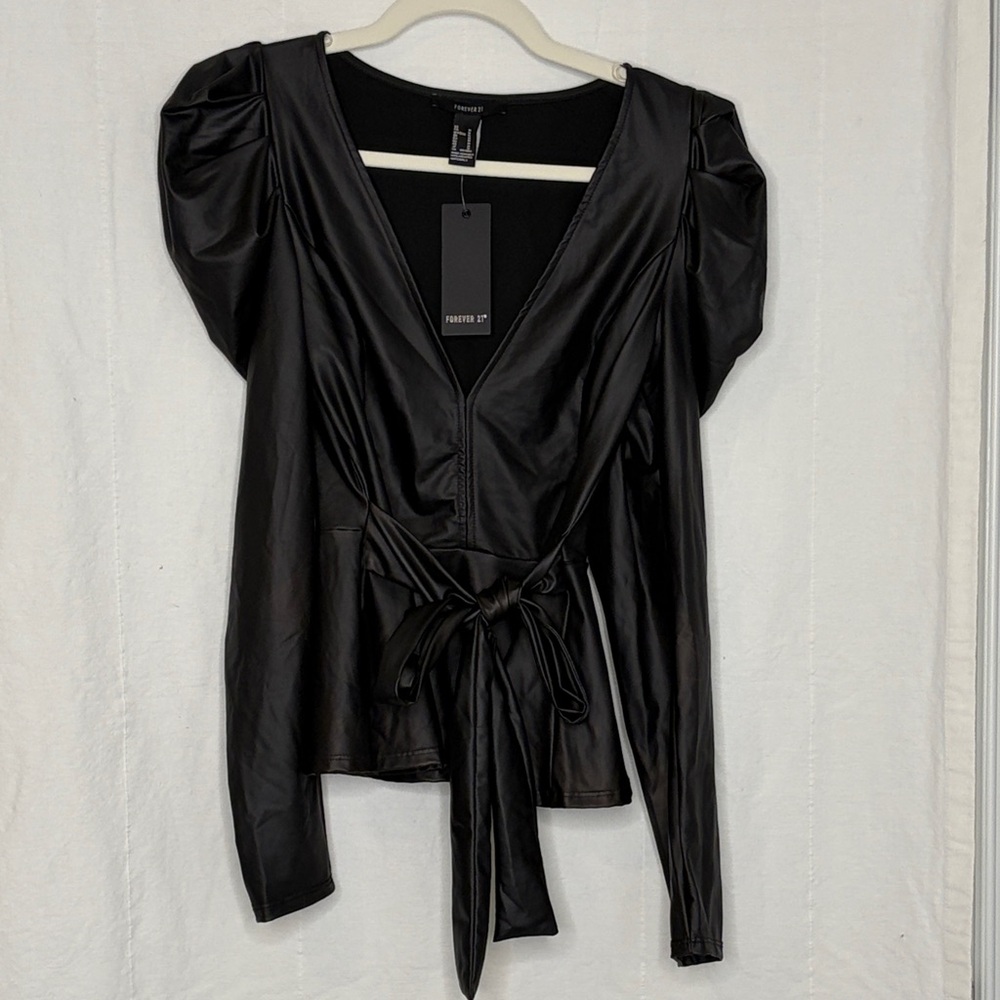 Forever 21 Black Liquid Skin Puff Sleeve Wrap Top with Tie